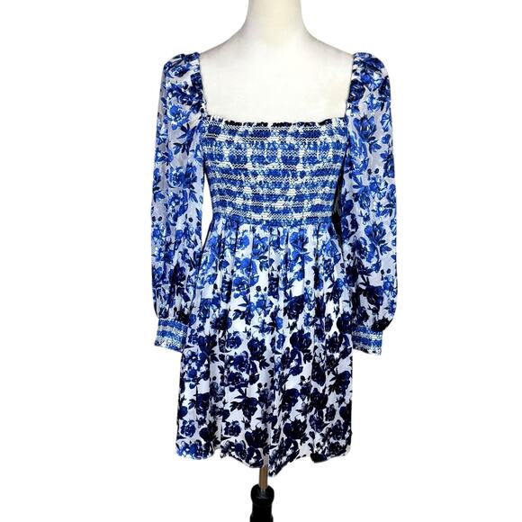 Alice + Olivia Cooper Antique Blue Floral Silk Blend Smocked Dainty Mini Dress - Picture 2 of 13